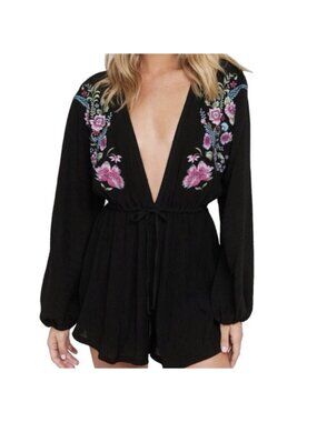 Spiritual Gangster Womens Black Embroidered Long Sleeve V-Neck Zella Romper S